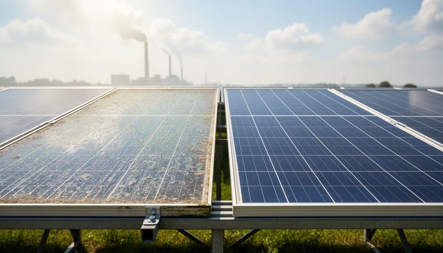 Close-up of weathered solar panel surface showing environmental degradation and soiling