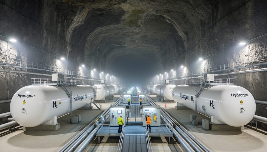 Aerial view of underground storage facility integrated into European countryside